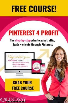 a woman standing in front of a computer with the text pinterest 4 profits