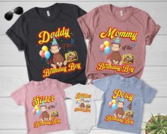 three personalized birthday shirts for boys and girls with monkey on the front, monkey on the back