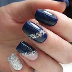 Navy And Silver Nails, Blue Wedding Nails, Dresses Ankara, Blue And Silver Nails, Silver Nail Designs, Navy Blue Nails, Fall Acrylic Nails, Blue Nail Designs, Bride Nails