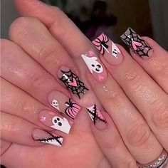 Halloween Nails 2024 Short, Cute Spooky Nail Sets, Best Halloween Nail Designs, Med Short Nails, Burgundy Nails Fall Art Designs, Spooky Halloween Nails Almond Shape, Pink White Halloween Nails, Pink Black And White Halloween Nails, Halloween Birthday Nail Designs