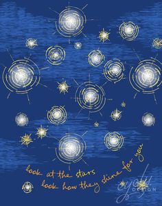 a blue background with stars and the words look at the stars but how they shine?