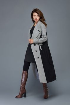 grey and black wool coat maxi warm coat long button by YL1dress Chic Black Wool Office Coat, Chic Black Wool Coat For Office, Black Wool Coat For Office In Fall, Elegant Black Wool Sweater Coat, Chic Black Wool Coat For Winter, Chic Long Black Wool Coat, Black Long Single Breasted Outerwear, Chic Black Single-breasted Wool Coat, Black Wool Long Sweater Coat