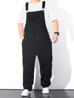 Black  Collar  Denim Plain Straight Leg Embellished Non-Stretch  Men Denim 90s Men Outfits, H&m Black Jeans, Overall Men, Black Jumpsuit Outfit, White Overalls, Joggers Men, Overalls Men