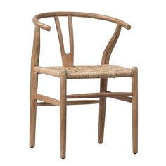 the wish chair is made from natural wood and has a woven seat pad on it