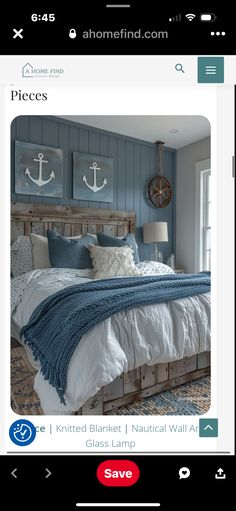 an image of a bedroom with blue walls and white bed linens on the bed