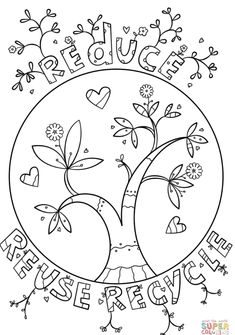 a coloring page with an apple tree in the center and words that spell out love