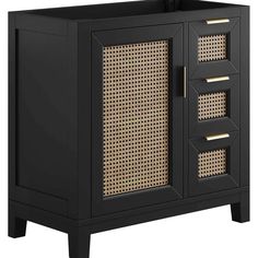 a black cabinet with wicker doors and drawers