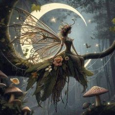 a fairy sitting on top of a tree branch in the middle of a forest with mushrooms