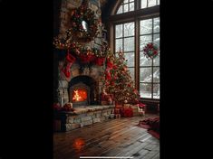 a living room decorated for christmas with presents and decorations on the fireplace mantels