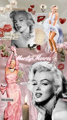 marilyn monroe collage with images of women in pink dresses and pearls on the wall