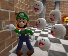 mario kart is standing in front of some white balls