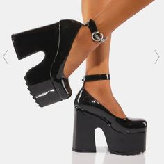 Never Been Worn, Just Did Not Fit To My Liking Trendy Black Heels For Concert, Black Heels For Spring Concert, Bold Black Platform Heels, Bold Black Synthetic Heels, Black Chunky Platform Heels, Heel Platforms, Wood Platform Sandals, Chunky Platform Heels, Tie Up Flats