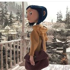 an animated doll is standing on a porch