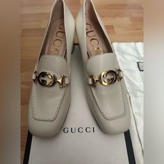 This Is An Authentic Brand New Gucci Heels In The Size 40.5 These Are Super Cute Goes For $890 Not Including Tax White Leather Gucci Loafers, Classic Gucci Evening Loafers, Classic Gucci Loafers For Evening, Gucci Leather Sole Evening Loafers, Gucci Evening Loafers With Leather Sole, Luxury Low Heel Calf Leather Court Shoes, Gucci Formal Low Heel Shoes, Leather Heels With Horsebit Detail For Office, Gucci Block Heels For Office