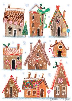 a group of gingerbread houses with candy canes