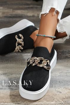 Lasaky - Stylish Single Shoes with Knit Upper, Metal Chain Accent, and Robust Round Toe for Added Comfort and Durability Luxury Shoes Women, Mesh Heels, Orthopedic Shoes, Knit Shoes, Platform Loafers, Loafers Style, Mesh Shoes, Casual Loafers, Women Outfits