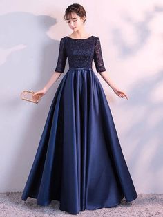 Evening Dresses Dark Navy Long evening dress Lace Satin Bow Sash Half Sleeve Formal Gowns Short Sleeve Prom Dresses, Prom Dress Lace, Cheap Party Dresses, Bow Sash, Gaun Fashion, Fabric Embellishment, Long Dress Design, Occasion Dresses Wedding, فستان سهرة