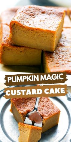 pumpkin magic custard cake on a plate