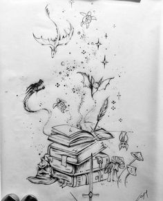 a black and white drawing of a book with birds flying around it, on top of a pile of books