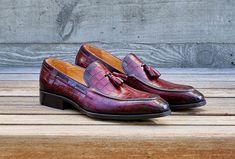 Style: 503-66E-Burgundy Unique Crocodile Printed Embossed Calfskin slip-on Loafer from our Carrucci by Maurice collection features soft Calfskin lining, matching Tassels, a clean welt, and a Rubber Sole! Luxury Burgundy Men's Loafers, Classic Crocodile Pattern Loafers For Semi-formal Occasions, Luxury Semi-formal Tassel Loafers With Rubber Sole, Red Textured Sole Slip-on Loafers, Luxury Crocodile Pattern Slip-on Loafers, Cordovan Shoes, Shoe Horn, Shoe Tree, Horse Hair