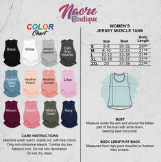 women's tank top sizes chart with measurements and color options for each item in the package