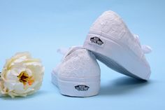 "All orders for trainers / sneakers to USA/Canada will be delivered in 2-4 business days after production without extra costs Made with love for your wedding day by Lovin Bridal - More Wedding shoes at our shop : http://lovincollection.etsy.com It's the bride's prerogative to wear the comfiest bridal shoes. If you're set on heels then one option is to have your Lace Vans as a second pair of bridal shoes to change into for the reception. There are so many options for your wedding sneakers - go fo White Casual Sneakers For Wedding, White Casual Wedding Sneakers, Bride Vans, Wedding Vans Shoes, Sneakers Bride, Lace Vans, Wedding Vans, Customised Vans, Bridal Converse