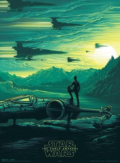 a star wars movie poster with the silhouettes of two men standing on top of a vehicle