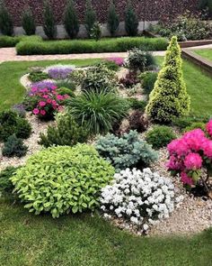 a garden filled with lots of different types of flowers and plants on top of green grass