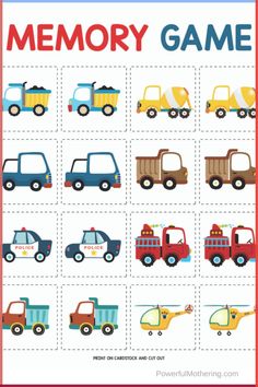 a memory game with trucks and cars on it