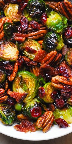 brussel sprouts with pecans and cranberries in a bowl