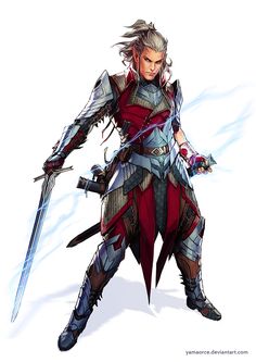 an image of a woman in armor holding two swords and standing with one hand on her hip