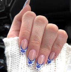 White French Tip With blue floral accents!  Best seller MADE TO ORDER :) LemonNailCo Blue And White Nails, Cute Simple Nails, Smink Inspiration, Her Nails, Makijaż Smokey Eye, Cute Gel Nails