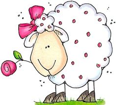 a drawing of a sheep with a pink bow on it's head standing in the grass