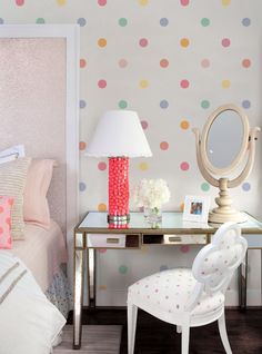 a bedroom with polka dot wallpaper and a white chair in front of the desk