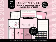 pink planner stickers with the words, calendars and other items on top of it