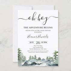 the adventure begins baby shower is shown on top of a white card with black ink