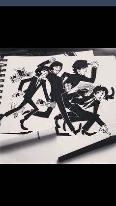 a drawing of three people running with books in their hands and one person holding a pen