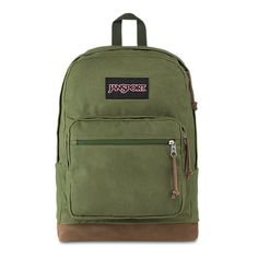 a green backpack with the name jansport on it