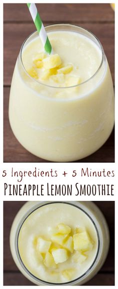 pineapple lemon smoothie in a glass with two straws on top and the text, 5 ingredients 3 minutes pineapple lemon smoothie