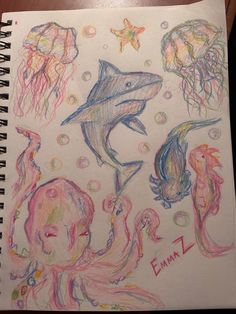 a drawing of some animals and jelly fish