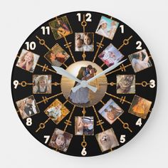 a black clock with pictures of people on it's face and numbers in the middle