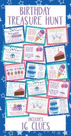 a birthday card with the words, happy birthday treasure hunt includes 16 clues and an image of