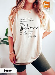 Introducing the Bible Verse T-shirt, a must-have for anyone seeking to spread the message of faith in style! This Comfort Colors Christian Shirt Crewneck makes the perfect Christian Gift for friends, family, or yourself. Welcome to Gift Vibe Shop - Your Fashion Wonderland! **SIZING** The shirts are unisex and run true to size, but size up for a more oversized fit. Please refer to the photo cards for a detailed size guide. ** SHIPPING**  All shirts are made to order and shipped from one of our trusted US printing partners.  Please allow sufficient time for production and shipping. Please refer to the processing and delivery times as stated in the shipping information. These vary due to demand, events, and holiday seasons. ** CLOTHING** Comfort Colors®1717 is a made 100% with US cotton for l Inspirational Crew Neck Tops With Letter Print, Inspirational Slogan Shirt, Inspirational Short Sleeve Tops With Letter Print, Cotton T-shirt With Faith Text Print, Inspirational Slogan Crew Neck Shirt, Inspirational Crew Neck T-shirt With Lettering, Relaxed Fit Inspirational Slogan Tops, Inspirational Lettering Crew Neck T-shirt, Inspirational Text Print Relaxed Fit Top