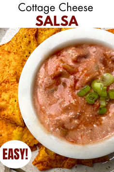 image of cottage cheese salsa in a bowl and served with tortilla chips