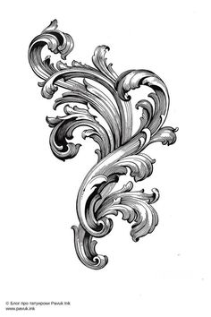 an ornate design in black and white with swirls on the top, as well as waves