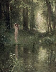 a painting of a naked woman standing in the woods next to a river and trees