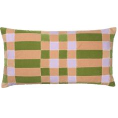 an orange and green checkered pillow on a white background