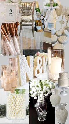 a collage of photos with candles, vases and other items