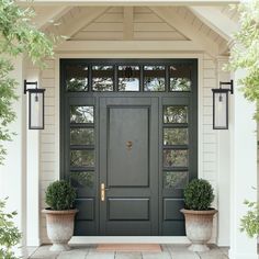 two potted plants sit on either side of the front door