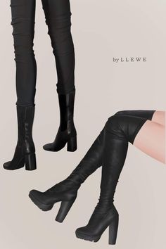 the legs and boots are all black with high heeled boots on them, as well as